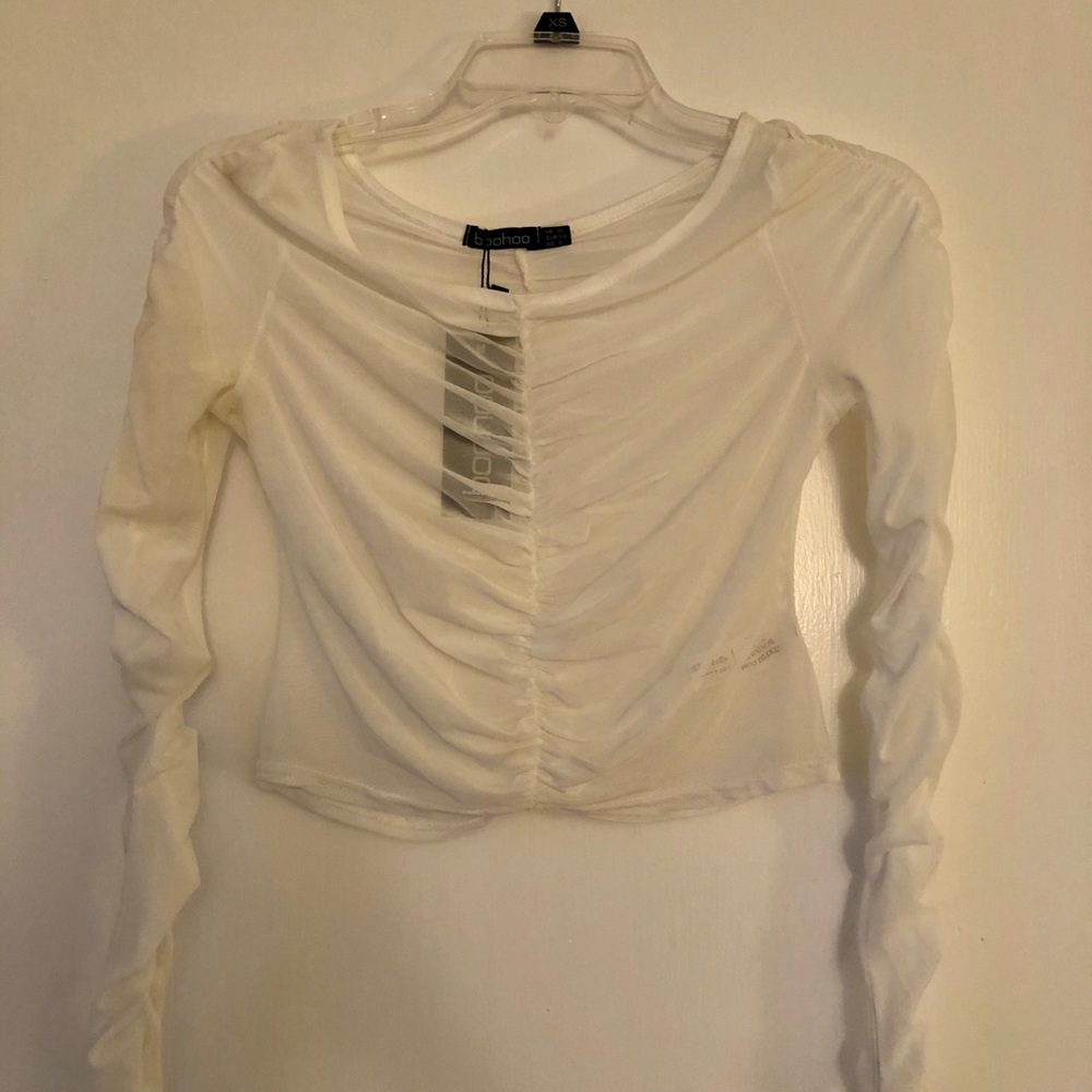 Boohoo white sheer ruched top